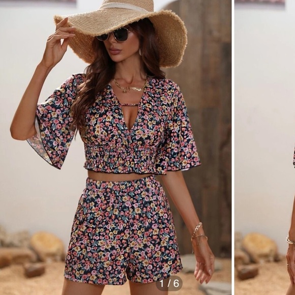 Ditsy Floral Shirred Flutter Sleeve Top & Shorts - Size L Cottagecore - Picture 11 of 15